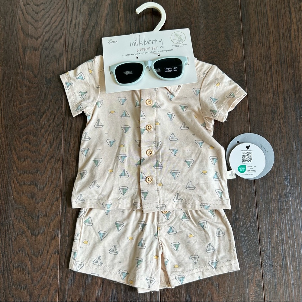 Milkberry Bamboo 3 Piece Set Sailboat Short Sleeve & Shorts PJs and Sunglasses